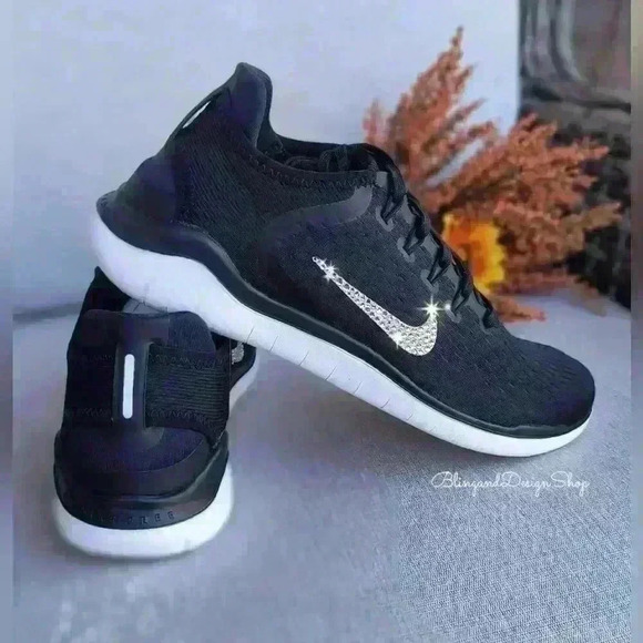 Nike Free RN 2018 Black Sneakers Customized with Crystal Rhinestones - Picture 3 of 8